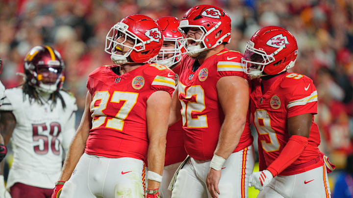 Oct 27, 2025; Kansas City, Missouri, USA; Kansas City Chiefs tight end Travis Kelce (87) celebrates after scoring a touchdown against the Washington Commanders during the third quarter of the game at GEHA Field at Arrowhead Stadium. Mandatory Credit: Jay Biggerstaff-Imagn Images