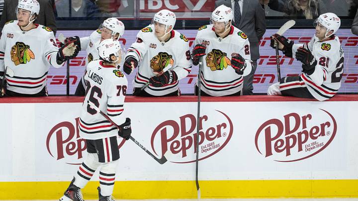Dec 20, 2025; Ottawa, Ontario, CAN; Chicago Blackhawks left wing Nick Lardis (76) celebrates with team his first NHL goal in the third period against the Ottawa Senators at the Canadian Tire Centre. Mandatory Credit: Marc DesRosiers-IMAGN Images