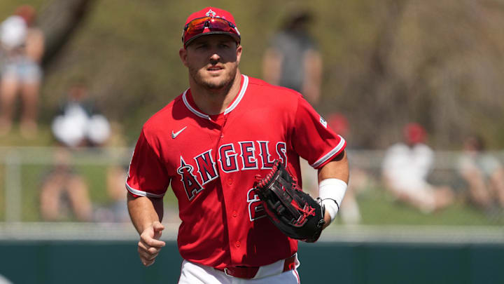 Mar 10, 2026; Tempe, Arizona, USA; Los Angeles Angels right fielder Mike Trout (27) runs from the outfield against the San Diego Padres in the first inning at Tempe Diablo Stadium. Mandatory Credit: Rick Scuteri-Imagn Images