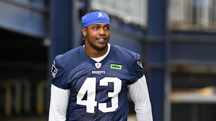 Jun 9, 2025; Foxborough, MA, USA; New England Patriots defensive end Bradyn Swinson (43) walks to the practice fields at Gillette Stadium. Mandatory Credit: Eric Canha-Imagn Images