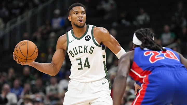Nov 13, 2024; Milwaukee, Wisconsin, USA; Milwaukee Bucks forward Giannis Antetokounmpo (34) looks to pass the ball against Detroit Pistons forward Isaiah Stewart (28) during the first quarter at Fiserv Forum. Mandatory Credit: Jeff Hanisch-Imagn Images Nov 13, 2024; Milwaukee, Wisconsin, USA; Milwaukee Bucks forward Giannis Antetokounmpo (34) looks to pass the ball against Detroit Pistons forward Isaiah Stewart (28) during the first quarter at Fiserv Forum. Mandatory Credit: Jeff Hanisch-Imagn Images