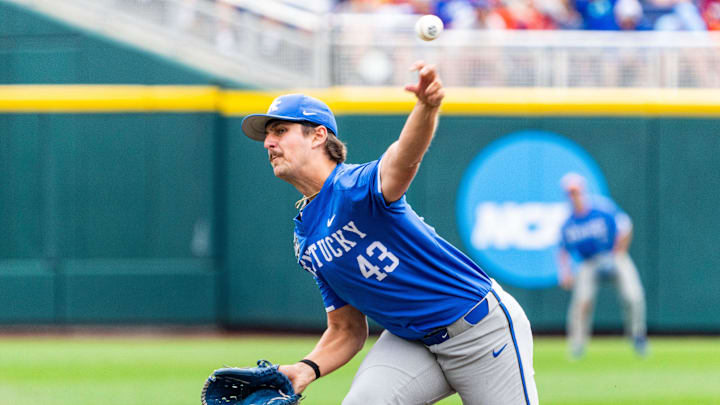 Jun 19, 2024; Omaha, NE, USA; Kentucky Wildcats pitcher Jackson Nove (43) pitches against the Florida Gators during the fifth inning at Charles Schwab Field Omaha. Mandatory Credit: Dylan Widger-Imagn Images