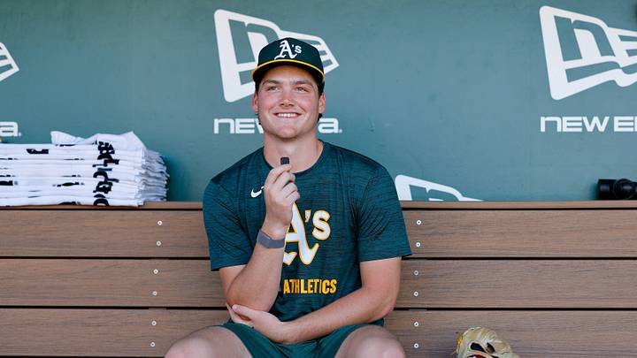 Jul 28, 2025; West Sacramento, California, USA; Athletics 2025 1st round draft pick Jamie Arnold speaks with members of the media before the game against the Seattle Mariners at Sutter Health Park. Mandatory Credit: Sergio Estrada-Imagn Images Jul 28, 2025; West Sacramento, California, USA; Athletics 2025 1st round draft pick Jamie Arnold speaks with members of the media before the game against the Seattle Mariners at Sutter Health Park. Mandatory Credit: Sergio Estrada-Imagn Images