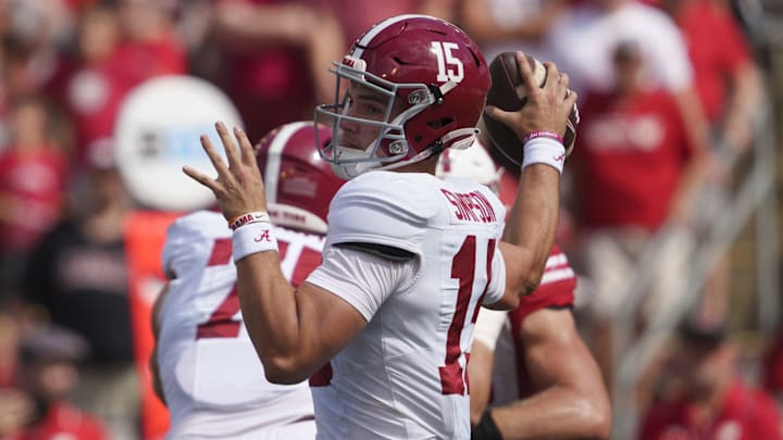 Sep 14, 2024; Madison, Wisconsin, USA;  Alabama Crimson Tide quarterback Ty Simpson (15) throws a pass during the fourth quarter against the Wisconsin Badgers at Camp Randall Stadium. Mandatory Credit: Jeff Hanisch-Imagn Images