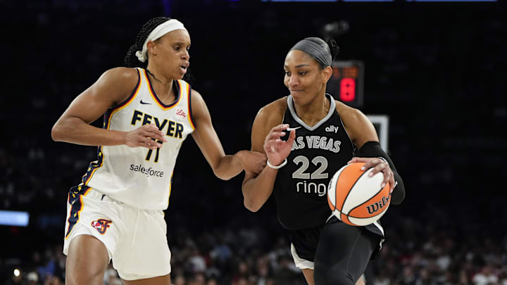 Las Vegas Aces center A'ja Wilson (22) drives against Indiana Fever forward Brianna Turner (11) on September 23, 2025