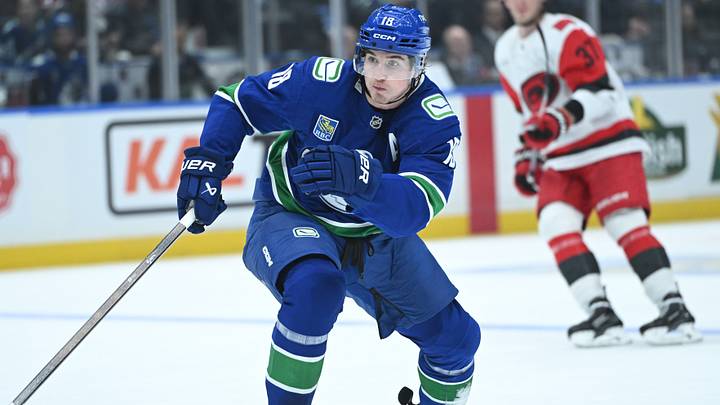 Oct 20, 2026; Vancouver, British Columbia, CAN; Vancouver Canucks left wing Drew O'Connor (18) skates towards his check during the second period against the Carolina Hurricanes at Rogers Arena. Mandatory Credit: Simon Fearn-Imagn Images Oct 20, 2026; Vancouver, British Columbia, CAN; Vancouver Canucks left wing Drew O'Connor (18) skates towards his check during the second period against the Carolina Hurricanes at Rogers Arena. Mandatory Credit: Simon Fearn-Imagn Images