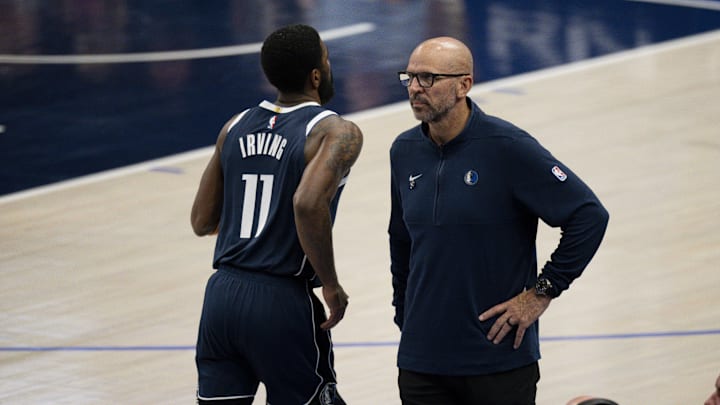 Dallas Mavericks guard Irving and head coach Kidd during the game between the Dallas Mavericks and the Minnesota Timberwolves in game four of the western conference finals for the 2024 NBA playoffs at American Airlines Center.