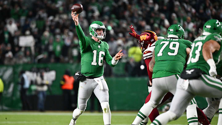 Jan 4, 2026; Philadelphia, Pennsylvania, USA; Philadelphia Eagles quarterback Tanner McKee (16) throws a pass during the second quarter against the Washington Commanders at Lincoln Financial Field. Mandatory Credit: Eric Hartline-Imagn Images
