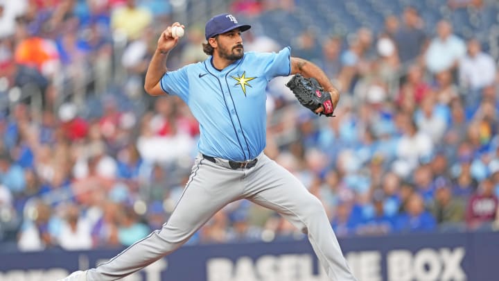 Jul 24, 2024; Toronto, Ontario, CAN; Tampa Bay Rays starting pitcher Zach Eflin (24) throws a pitch against the Toronto Blue Jays during the first inning at Rogers Centre.