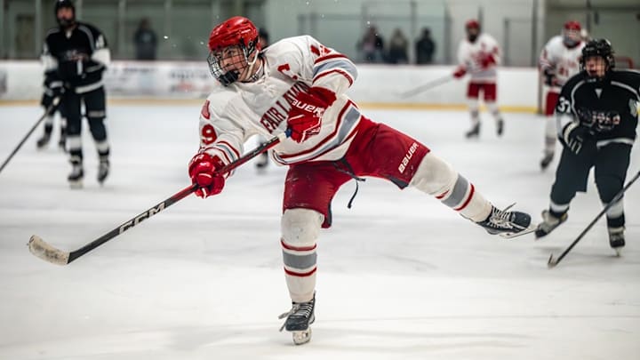 Fair Lawn-Dumont-Bergenfield (New Jersey) boys hockey player Mike Ferrante shows off a shooting style that helped the senior center post a team-best 52 points during his opening 15 games this season.