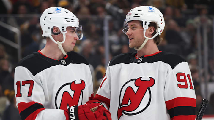 New Jersey Devils defenseman Simon Nemec (17) and center Dawson Mercer (91): Charles LeClaire-Imagn Images