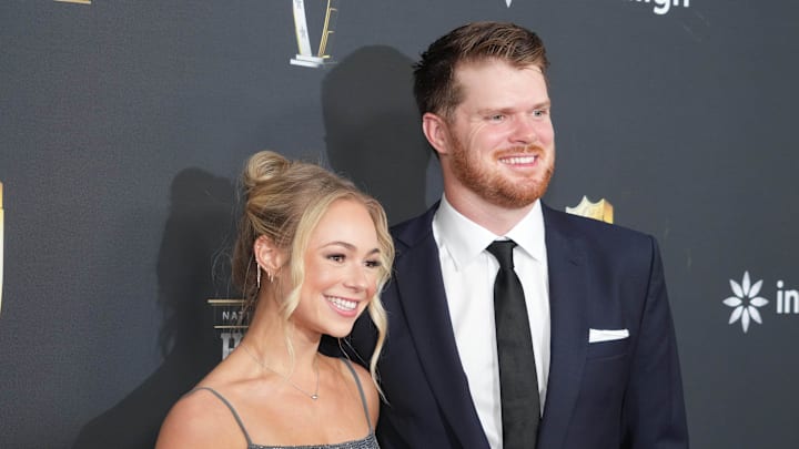 Feb 6, 2025; New Orleans, LA, USA; Sam Darnold and Katie Hoofnagle on the red carpet before Super Bowl LIX NFL Honors at Saenger Theatre. Mandatory Credit: Kirby Lee-Imagn Images Feb 6, 2025; New Orleans, LA, USA; Sam Darnold and Katie Hoofnagle on the red carpet before Super Bowl LIX NFL Honors at Saenger Theatre. Mandatory Credit: Kirby Lee-Imagn Images