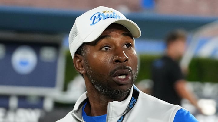 Sep 14, 2024; Pasadena, California, USA; UCLA Bruins athletic director Martin Jarmond reacts during the game against the Indiana Hoosiers at Rose Bowl. Mandatory Credit: Kirby Lee-Imagn Images