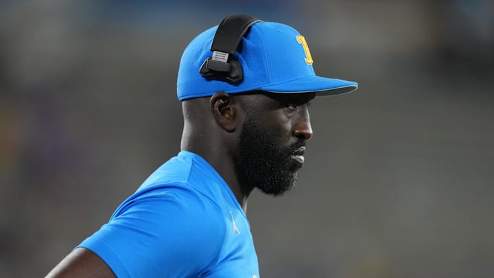Sep 14, 2024; Pasadena, California, USA; UCLA Bruins head coach DeShaun Foster watches from the sidelines in the second half against the Indiana Hoosiers at Rose Bowl. Mandatory Credit: Kirby Lee-Imagn Images