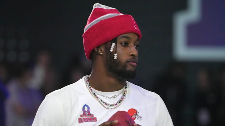 Jan 30, 2025; Orlando, FL, USA; AFC cornerback Denzel Ward (21) during the Pro Bowl Skills Challenge at Nicholson Fieldhouse. Mandatory Credit: Kirby Lee-Imagn Images
