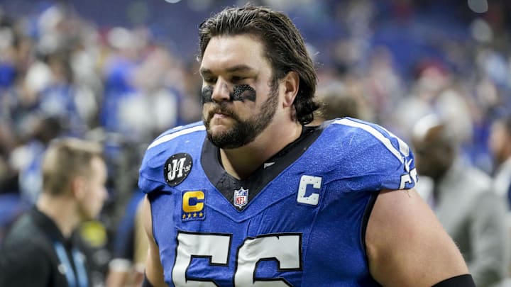 Dec 22, 2025; Indianapolis, Indiana, USA; Indianapolis Colts guard Quenton Nelson (56) leaves the field after losing a game against the San Francisco 49ers  at Lucas Oil Stadium. Mandatory Credit: Christine Tannous-USA TODAY Network via Imagn Images