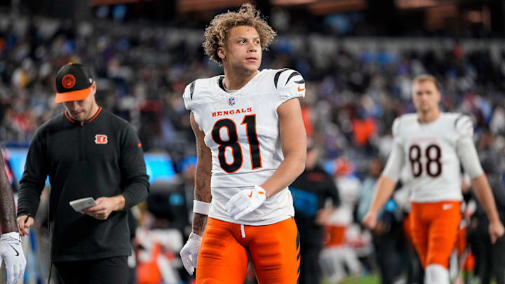 Cincinnati Bengals wide receiver Jermaine Burton (81) walks for the locker room at halftime of the NFL Week 11 game between the Los Angeles Chargers and the Cincinnati Bengals at SoFi Stadium in Inglewood, Calif., on Sunday, Nov. 17, 2024. The Chargers led 24-6 at halftime.