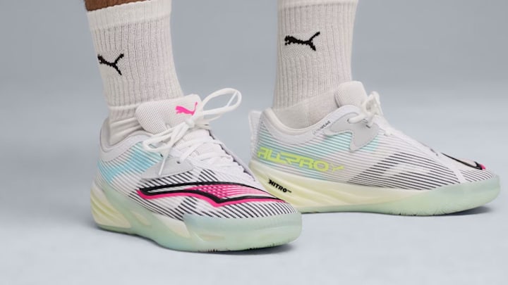 The PUMA All-Pro NITRO 2 in the "White Mint Melt" colorway. The PUMA All-Pro NITRO 2 in the "White Mint Melt" colorway.