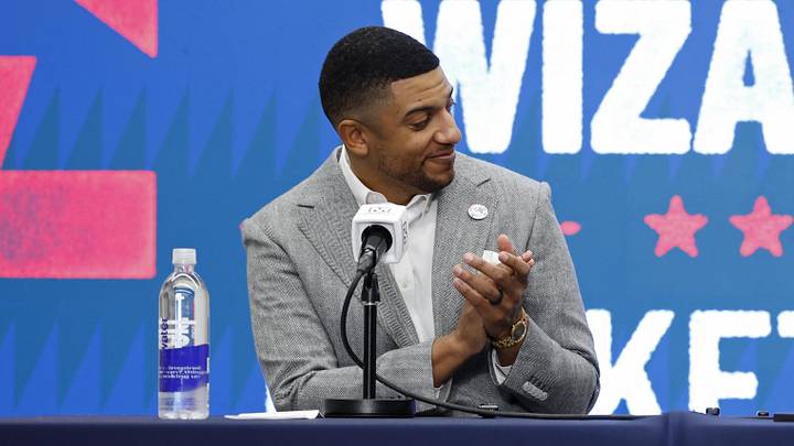 Jan 9, 2026; Washington, District of Columbia, USA; Washington Wizards general manager Will Dawkins (L) introduces newly acquired Wizards guard Trae Young (R) at a press conference prior to the Wizards' game against the New Orleans Pelicans at Capital One Arena. Mandatory Credit: Geoff Burke-Imagn Images Jan 9, 2026; Washington, District of Columbia, USA; Washington Wizards general manager Will Dawkins (L) introduces newly acquired Wizards guard Trae Young (R) at a press conference prior to the Wizards' game against the New Orleans Pelicans at Capital One Arena. Mandatory Credit: Geoff Burke-Imagn Images