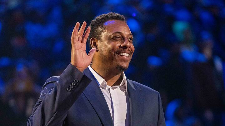 NBA great Paul Pierce is honored for being selected to the NBA 75th Anniversary Team during halftime in the 2022 NBA All-Star Game. NBA great Paul Pierce is honored for being selected to the NBA 75th Anniversary Team during halftime in the 2022 NBA All-Star Game.