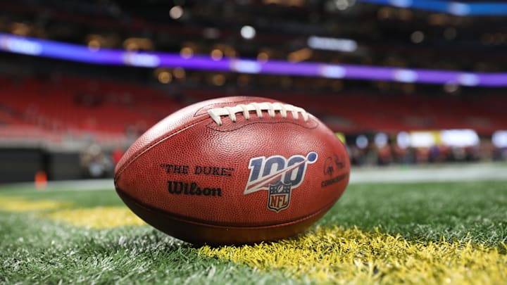 The NFL 100 logo is shown on a Wilson football before the game between the Atlanta Falcons and the Jacksonville Jaguars at Mercedes-Benz Stadium. The NFL 100 logo is shown on a Wilson football before the game between the Atlanta Falcons and the Jacksonville Jaguars at Mercedes-Benz Stadium.