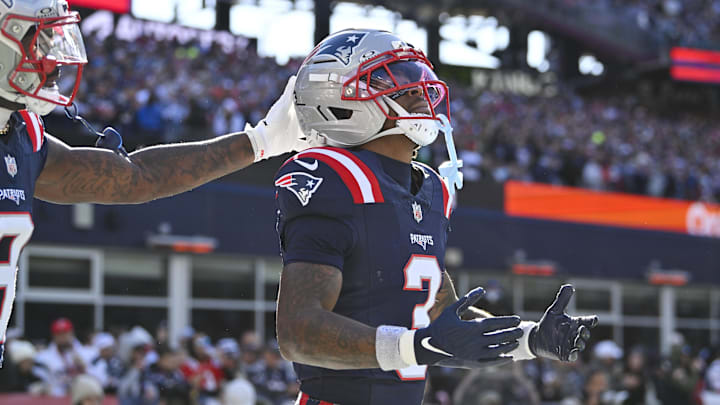 Nov 2, 2025; Foxborough, Massachusetts, USA; New England Patriots wide receiver DeMario Douglas (3) celebrates his touchdown during the first quarter against the Atlanta Falcons at Gillette Stadium. Mandatory Credit: Eric Canha-Imagn Images Nov 2, 2025; Foxborough, Massachusetts, USA; New England Patriots wide receiver DeMario Douglas (3) celebrates his touchdown during the first quarter against the Atlanta Falcons at Gillette Stadium. Mandatory Credit: Eric Canha-Imagn Images
