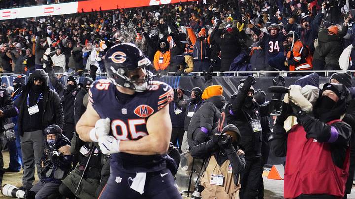 Jan 18, 2026; Chicago, IL, USA; Fans cheer after a touchdown scored by Chicago Bears tight end Cole Kmet (85) against the Los Angeles Rams with eighteen seconds remaining in the fourth quarter of an NFC Divisional Round game at Soldier Field. Mandatory Credit: David Banks-Imagn Images
