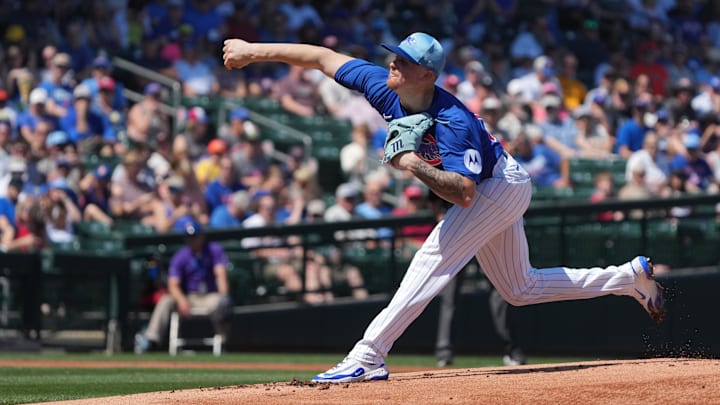 Mar 21, 2025; Mesa, Arizona, USA; Chicago Cubs pitcher Cade Horton throws against the San Diego Padres in the first inning at Sloan Park. 