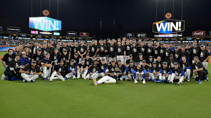 Oct 9, 2025; Los Angeles, California, USA; the Los Angeles Dodgers celebrate with a team photo after defeating the Philadelphia Phillies in game four of the NLDS round for the 2025 MLB playoffs at Dodger Stadium. Mandatory Credit: Jayne Kamin-Oncea-Imagn Images Oct 9, 2025; Los Angeles, California, USA; the Los Angeles Dodgers celebrate with a team photo after defeating the Philadelphia Phillies in game four of the NLDS round for the 2025 MLB playoffs at Dodger Stadium. Mandatory Credit: Jayne Kamin-Oncea-Imagn Images