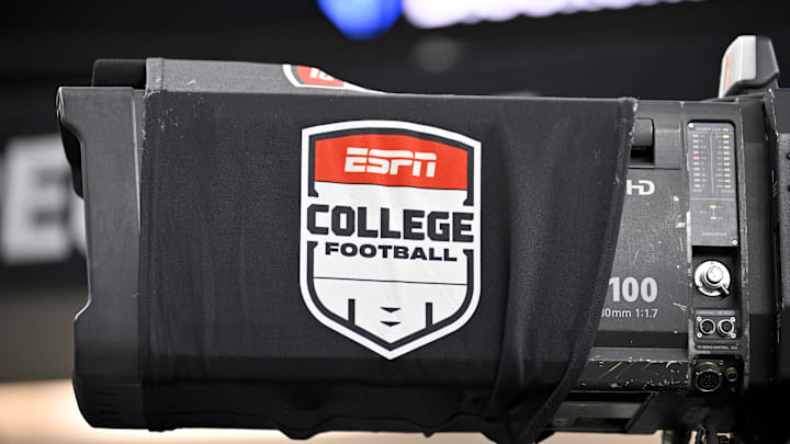 Dec 6, 2025; Arlington, TX, USA; A view of a tv camera and the ESPN college football logo before the game between the Texas Tech Red Raiders and the BYU Cougars at AT&T Stadium. Mandatory Credit: Jerome Miron-Imagn Images