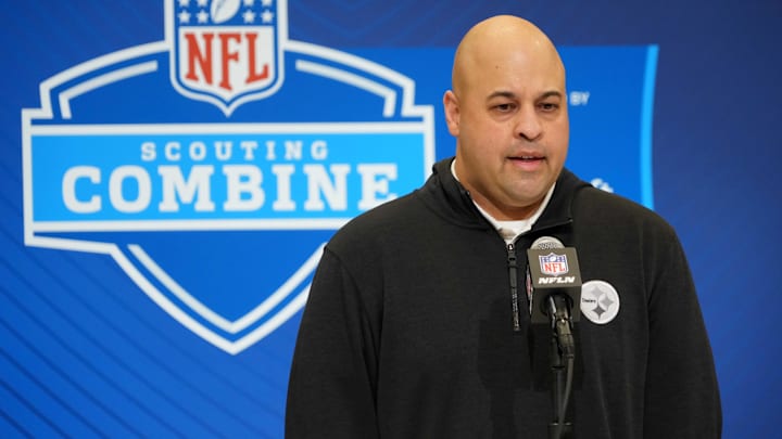 Feb 25, 2025; Indianapolis, IN, USA; Pittsburgh Steelers general manager Omar Khan speaks during the NFL Scouting Combine at the Indiana Convention Center. Mandatory Credit: Kirby Lee-Imagn Images