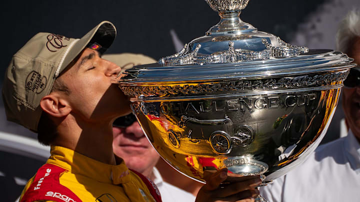 Alex Palou celebrates his fourth IndyCar Series champion after the Music City Grand Prix at the Nashville Superspeedway in Lebanon, Tenn., Sunday, Aug. 31, 2025.