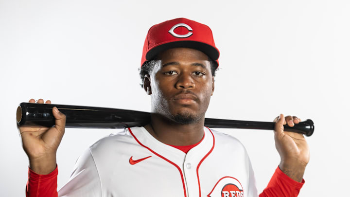 Feb 18, 2025; Goodyear, AZ, USA; Cincinnati Reds infielder Cam Collier poses for a portrait during Media Day at the Cincinnati Reds Development Complex. Mandatory Credit: Mark J. Rebilas-Imagn Images