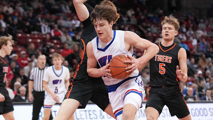 Wisconsin Lutheran's Zavier Zens (23) drives the lane during the WIAA Division 1 state championship game at the Kohl Center on Saturday, March 22, 2025.