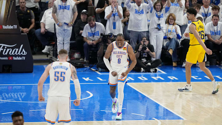 Jun 5, 2025; Oklahoma City, Oklahoma, USA; Oklahoma City Thunder forward Jalen Williams (8) and center Isaiah Hartenstein (55) react after a play against the Indiana Pacers during the fourth quarter in game one of the 2025 NBA Finals at Paycom Center. Mandatory Credit: Kyle Terada-Imagn Images