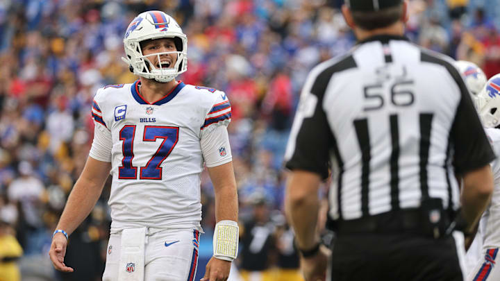 Bills quarterback Josh Allen pleads his case for a penalty with an official.

Jg 091221 Bills 34