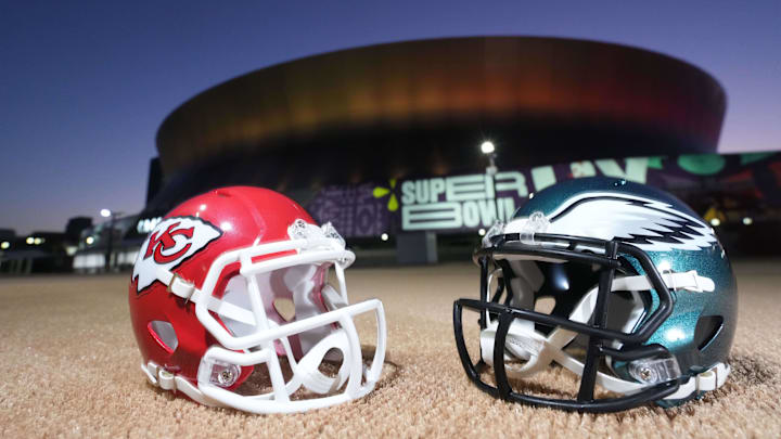 Feb 7, 2025; New Orleans, LA, USA; A general overall view of Kansas City Chiefs and Philadelphia Eagles helmets at the Caesars Superdome, the site of the Super Bowl LIX between the Kansas City Chiefs and the Philadelphia Eagles. Mandatory Credit: Kirby Lee-Imagn Images Feb 7, 2025; New Orleans, LA, USA; A general overall view of Kansas City Chiefs and Philadelphia Eagles helmets at the Caesars Superdome, the site of the Super Bowl LIX between the Kansas City Chiefs and the Philadelphia Eagles. Mandatory Credit: Kirby Lee-Imagn Images