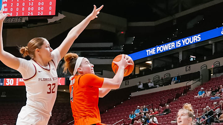 Illinois guard Gretchen Dolan (4) drives to the hoop against a Florida State defender in the Illini's 86-63 win over the Seminoles on Sunday at the Donald L. Tucker Center in Tallahassee, Florida. Illinois guard Gretchen Dolan (4) drives to the hoop against a Florida State defender in the Illini's 86-63 win over the Seminoles on Sunday at the Donald L. Tucker Center in Tallahassee, Florida.