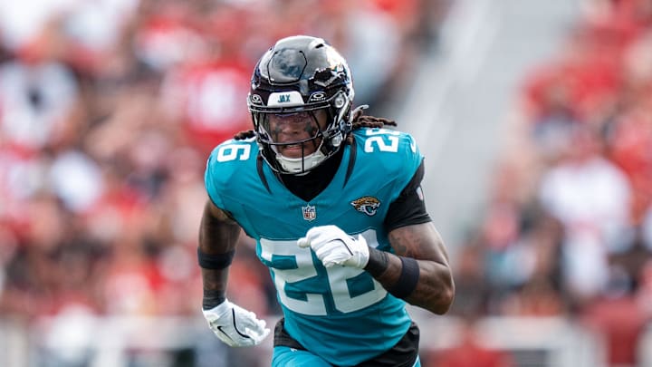 September 28, 2025; Santa Clara, California, USA; Jacksonville Jaguars safety Antonio Johnson (26) during the first quarter against the San Francisco 49ers at Levi's Stadium. Mandatory Credit: Kyle Terada-Imagn Images