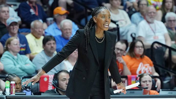 Jun 26, 2026; Uncasville, Connecticut, USA; Connecticut Sun associate head coach Roneeka Hodges speaks to her players on the court during the first half against the Washington Mystics at Mohegan Sun Arena. Mandatory Credit: Gregory Fisher-Imagn Images