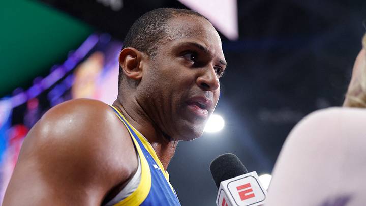 Mar 7, 2026; Oklahoma City, Oklahoma, USA; Golden State Warriors center/forward Al Horford (20) talks to an ESPN reporter during a time out against the Oklahoma City Thunder during the first half at Paycom Center. Mandatory Credit: Alonzo Adams-Imagn Images Mar 7, 2026; Oklahoma City, Oklahoma, USA; Golden State Warriors center/forward Al Horford (20) talks to an ESPN reporter during a time out against the Oklahoma City Thunder during the first half at Paycom Center. Mandatory Credit: Alonzo Adams-Imagn Images