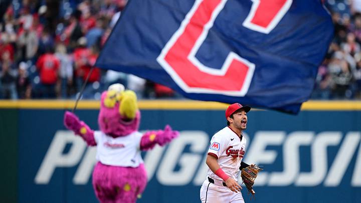 Sep 20, 2026: Cleveland Guardians left fielder Steven Kwan (38) celebrates after the guardians defeated the Athletics at Progressive Field. Credit: David Dermer-Imagn Images