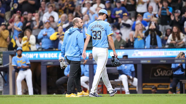 Jun 12, 2025; Milwaukee, Wisconsin, USA;  Milwaukee Brewers pitcher Jacob Misiorowski (33) walks off the field after being removed from the game during the sixth inning against the St. Louis Cardinals at American Family Field. Mandatory Credit: Jeff Hanisch-Imagn Images