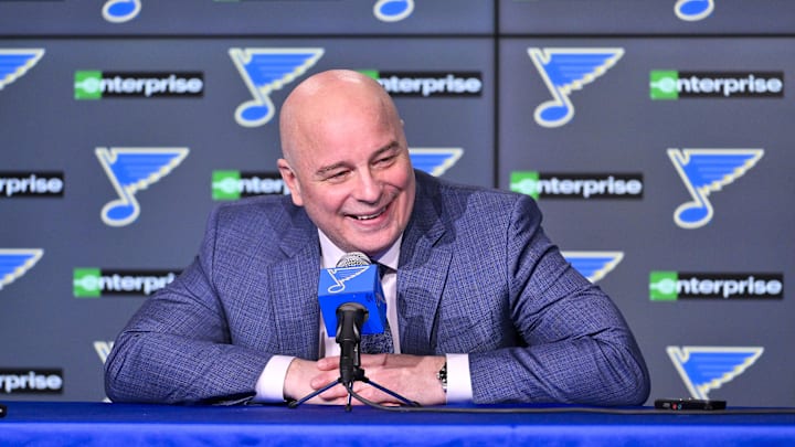 Apr 5, 2025; St. Louis, Missouri, USA;  St. Louis Blues head coach Jim Montgomery talks with the media after the Blues won their franchise record 12th straight win with a victory over the Colorado Avalanche at Enterprise Center. Mandatory Credit: Jeff Curry-Imagn Images