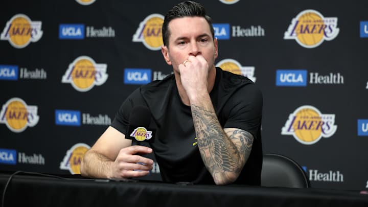  Los Angeles Lakers head coach JJ Redick talks to the media before the game against the San Antonio Spurs at Crypto.com Arena.