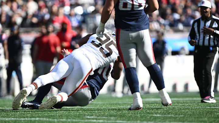 Oct 26, 2025; Foxborough, Massachusetts, USA; Cleveland Browns defensive end Myles Garrett (95) sacks New England Patriots quarterback Drake Maye (10) during the first quarter at Gillette Stadium. Mandatory Credit: Brian Fluharty-Imagn Images Oct 26, 2025; Foxborough, Massachusetts, USA; Cleveland Browns defensive end Myles Garrett (95) sacks New England Patriots quarterback Drake Maye (10) during the first quarter at Gillette Stadium. Mandatory Credit: Brian Fluharty-Imagn Images