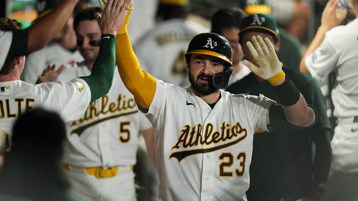 Jun 12, 2026; Summerlin, Nevada, USA; Athletics catcher Shea Langeliers (23) celebrates with teammates after hitting a home run during the fifth inning against the Colorado Rockies at the Las Vegas Ballpark. Mandatory Credit: Lucas Peltier-Imagn Images Jun 12, 2026; Summerlin, Nevada, USA; Athletics catcher Shea Langeliers (23) celebrates with teammates after hitting a home run during the fifth inning against the Colorado Rockies at the Las Vegas Ballpark. Mandatory Credit: Lucas Peltier-Imagn Images