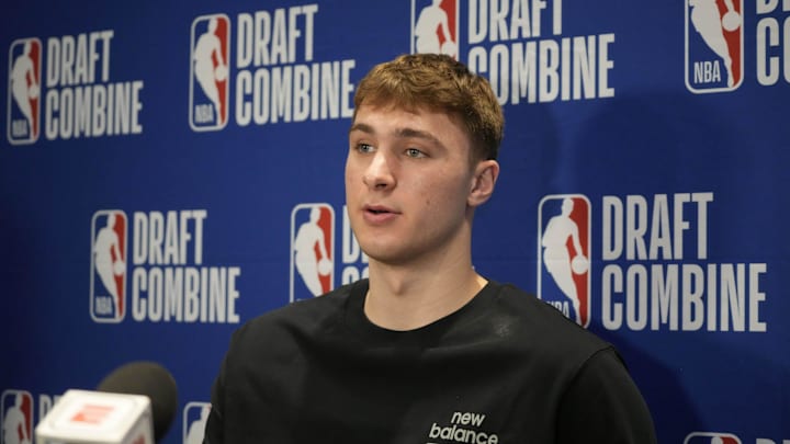 May 14, 2025; Chicago, Il, USA; Cooper Flagg talks to the media during the 2025 NBA Draft Combine at Marriott Marquis Chicago. Mandatory Credit: David Banks-Imagn Images