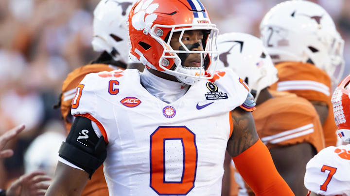 Dec 21, 2024; Austin, Texas, USA; Clemson Tigers linebacker Barrett Carter (0) against the Texas Longhorns during the CFP National playoff first round at Darrell K Royal-Texas Memorial Stadium. Mandatory Credit: Mark J. Rebilas-Imagn Images