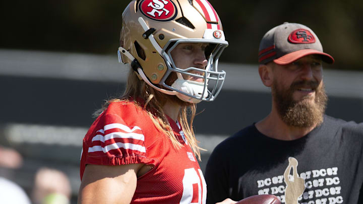 Jun 10, 2025; Santa Clara, CA, USA; San Francisco 49ers tight end George Kittle (85) works out with his teammates during an OTA at Levi's Stadium. Mandatory Credit: D. Ross Cameron-Imagn Images